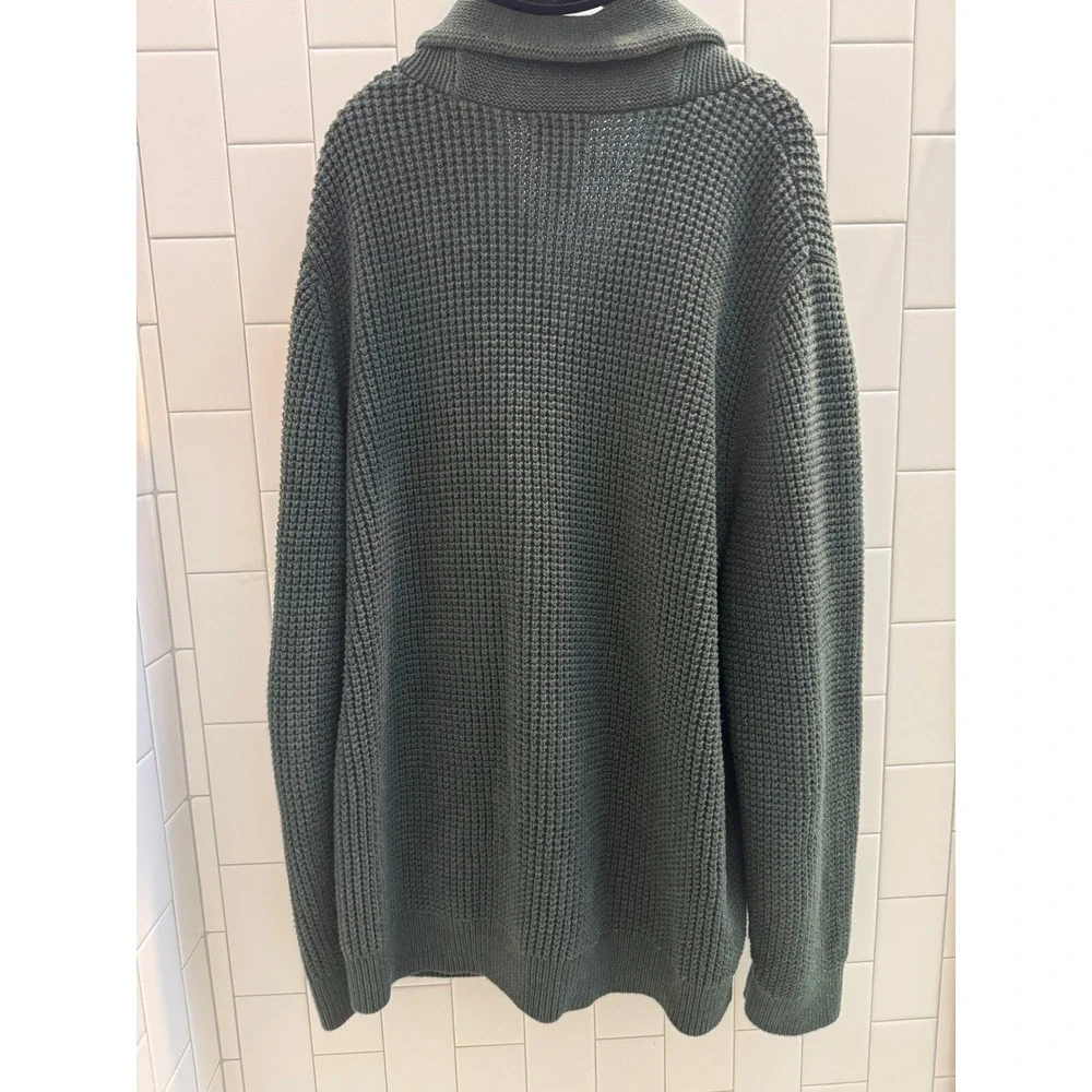 LL Bean Cardigan Mens XL Green Shawl Collar Waffle Knit Organic Cotton Chunky